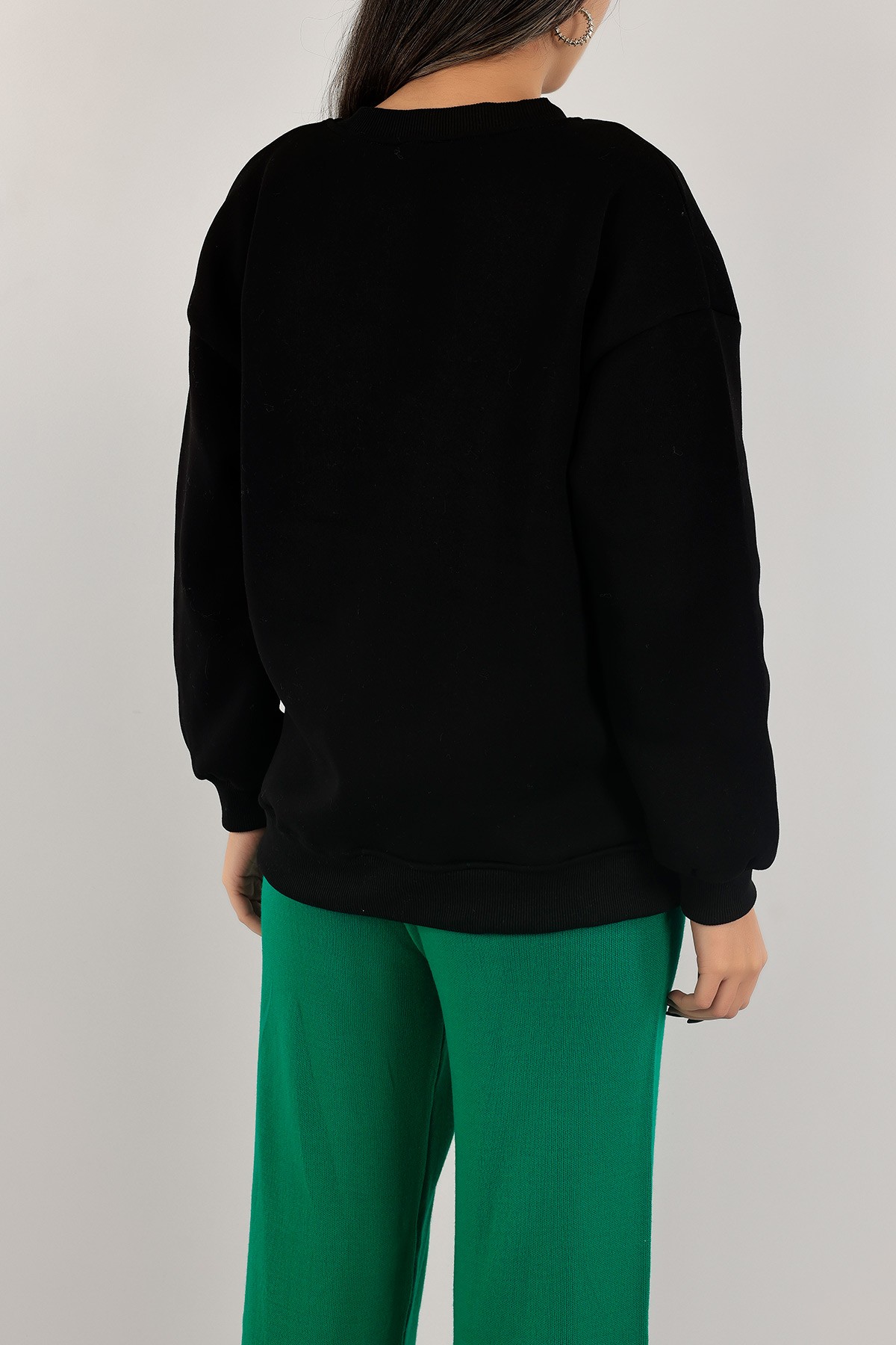 Siyah Nakışlı İçi Şardonlu Bayan Sweat 139391