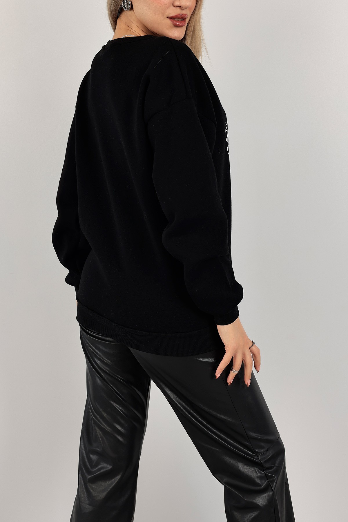 Siyah Nakışlı İçi Şardonlu Bayan Sweat 141566