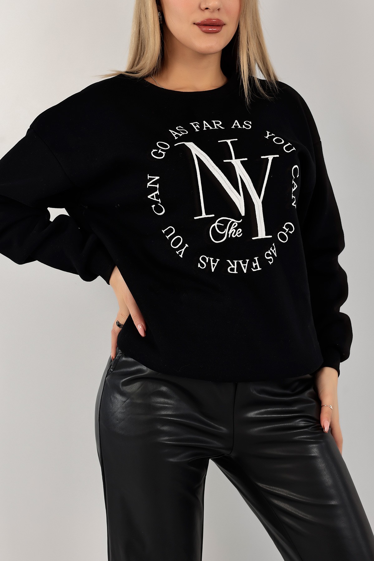 Siyah Nakışlı İçi Şardonlu Bayan Sweat 141566