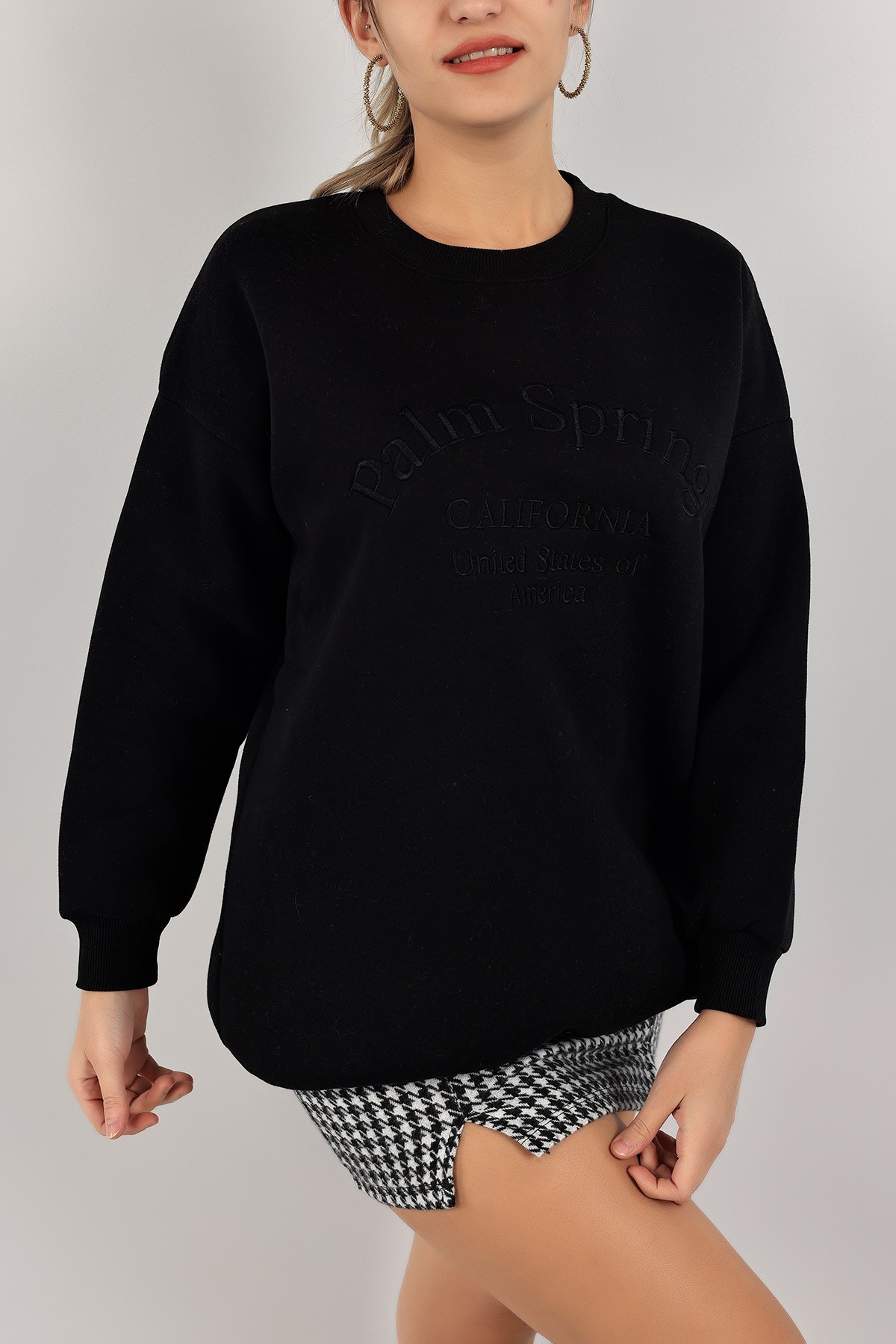 Siyah Nakışlı İçi Şardonlu Bayan Sweat 142967
