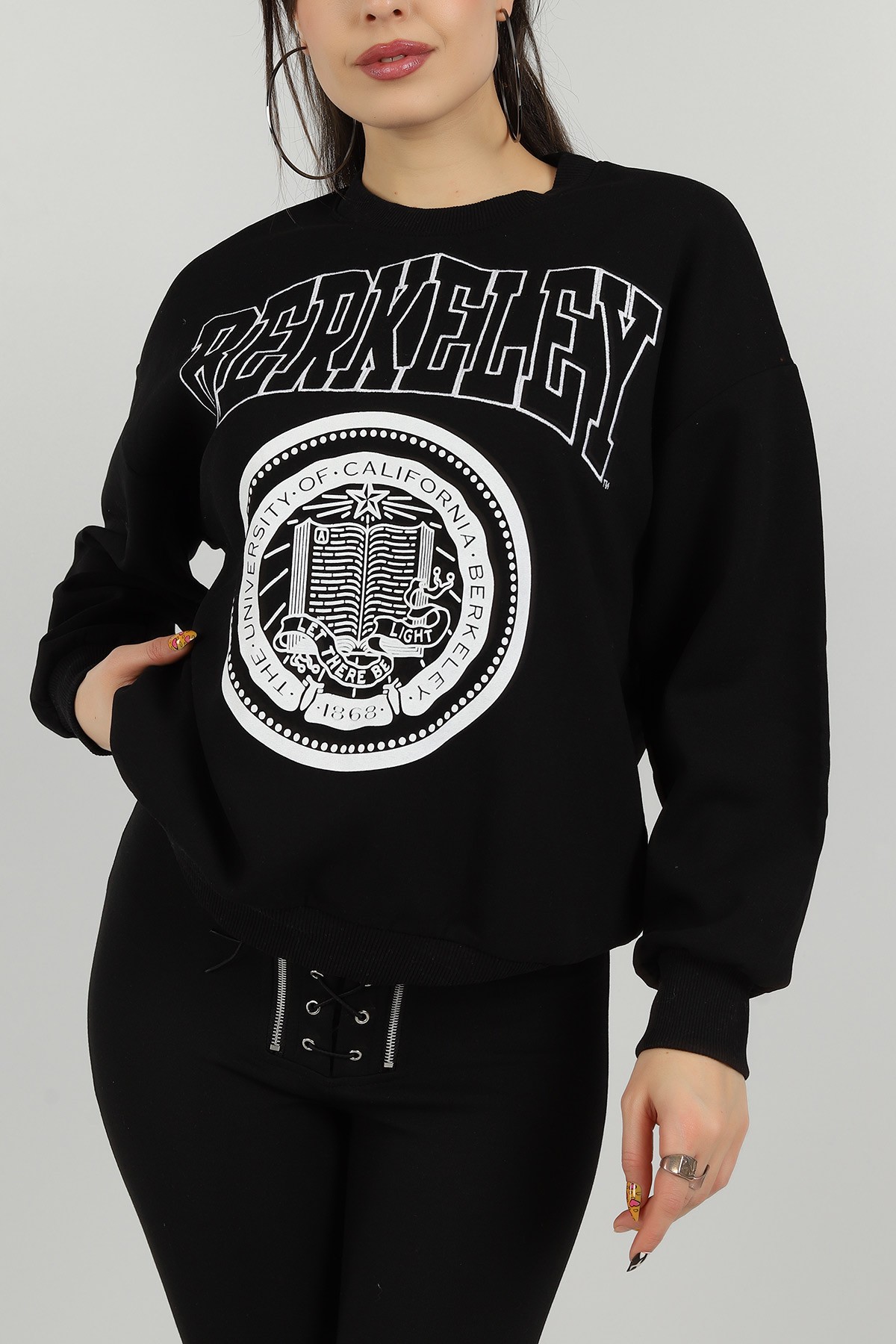 Siyah Nakışlı İçi Şardonlu Bayan Sweat 143193