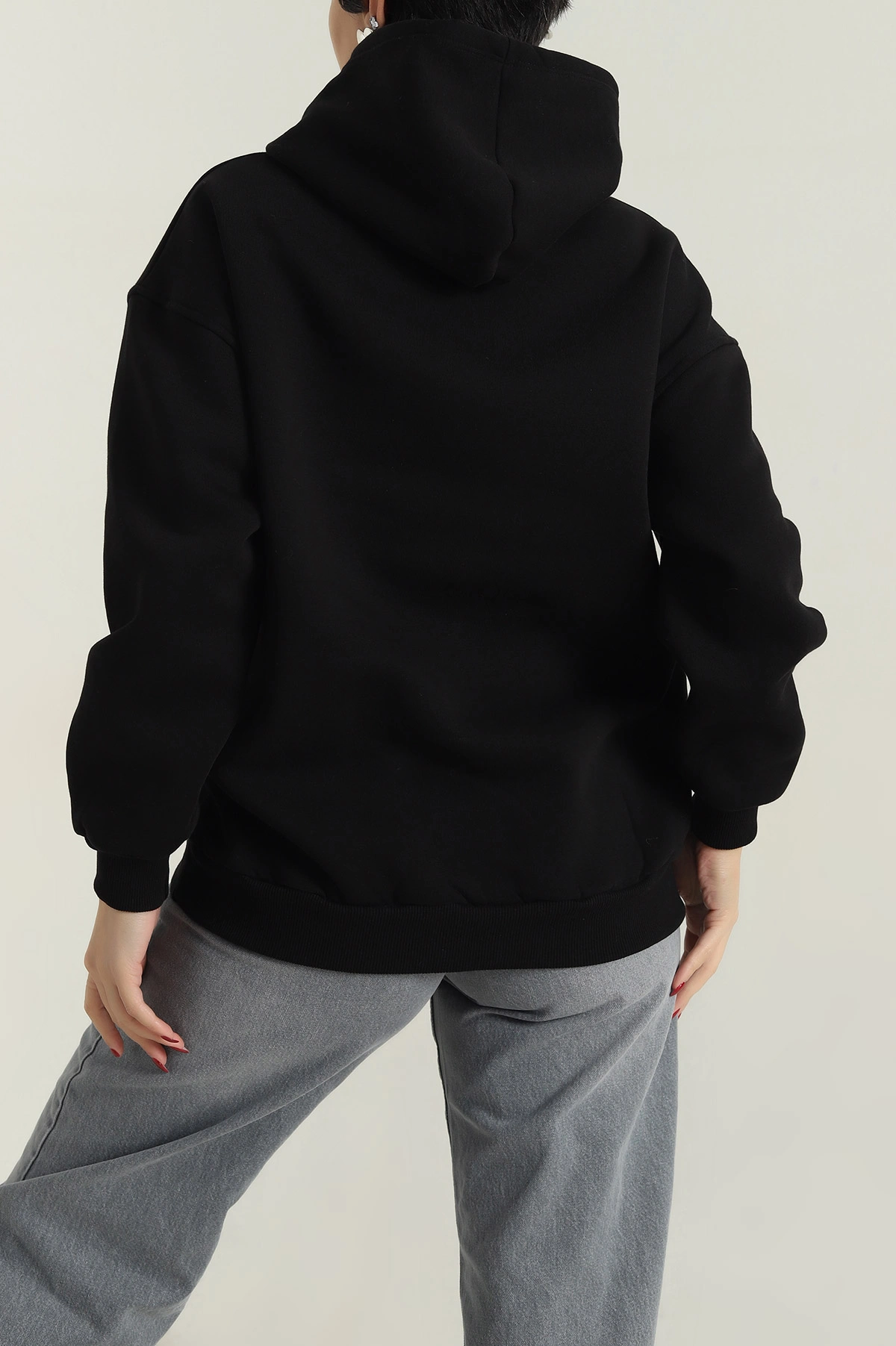 Siyah Nakışlı Kapşonlu Şardonlu Üç İp Kadın Sweat 417962