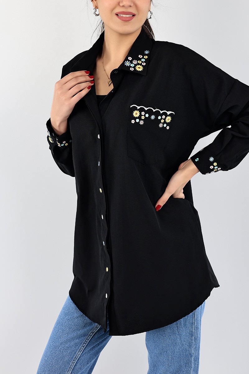 Siyah Nakışlı Poplin Gömlek Tunik 96452