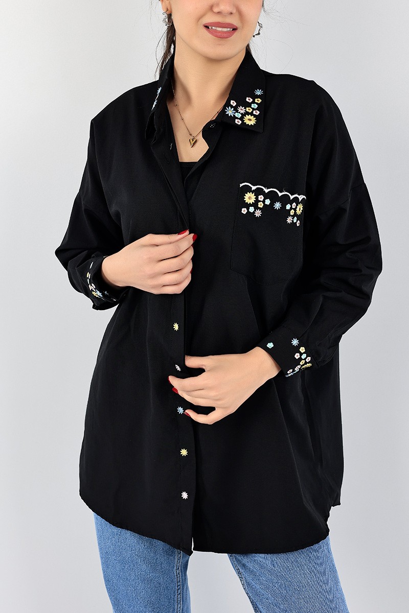 Siyah Nakışlı Poplin Gömlek Tunik 96452