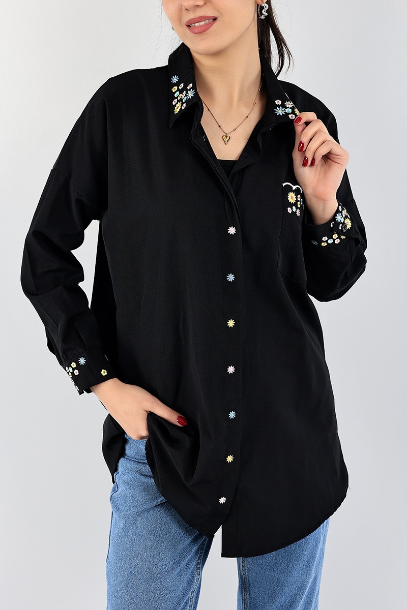 Siyah Nakışlı Poplin Gömlek Tunik 96452
