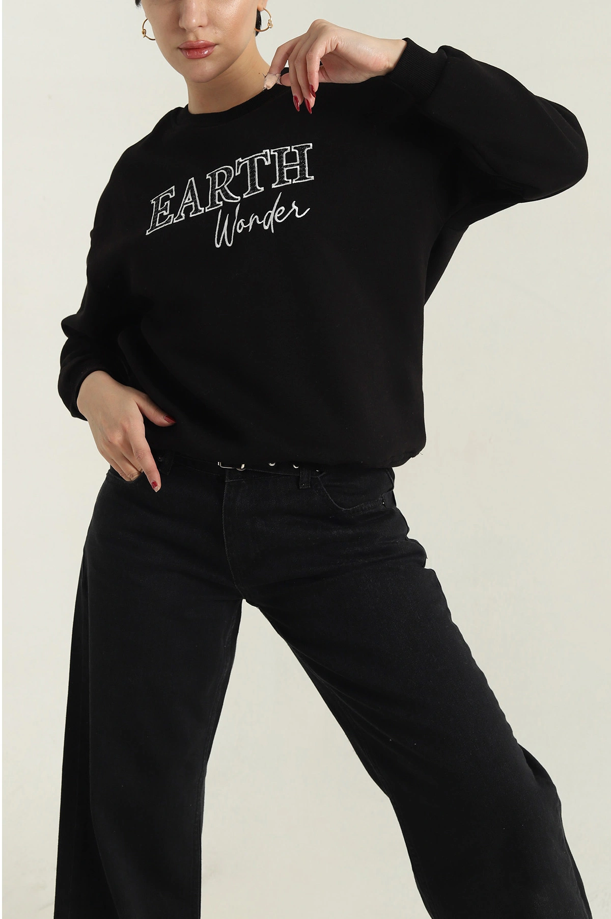 Siyah Nakışlı Şardonlu Üç İp Kadın Sweat 418320