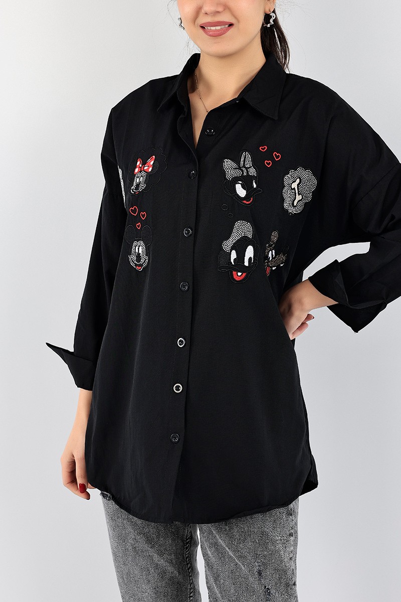 Siyah Nakışlı Taş İşlemeli Poplin Gömlek Tunik 96459