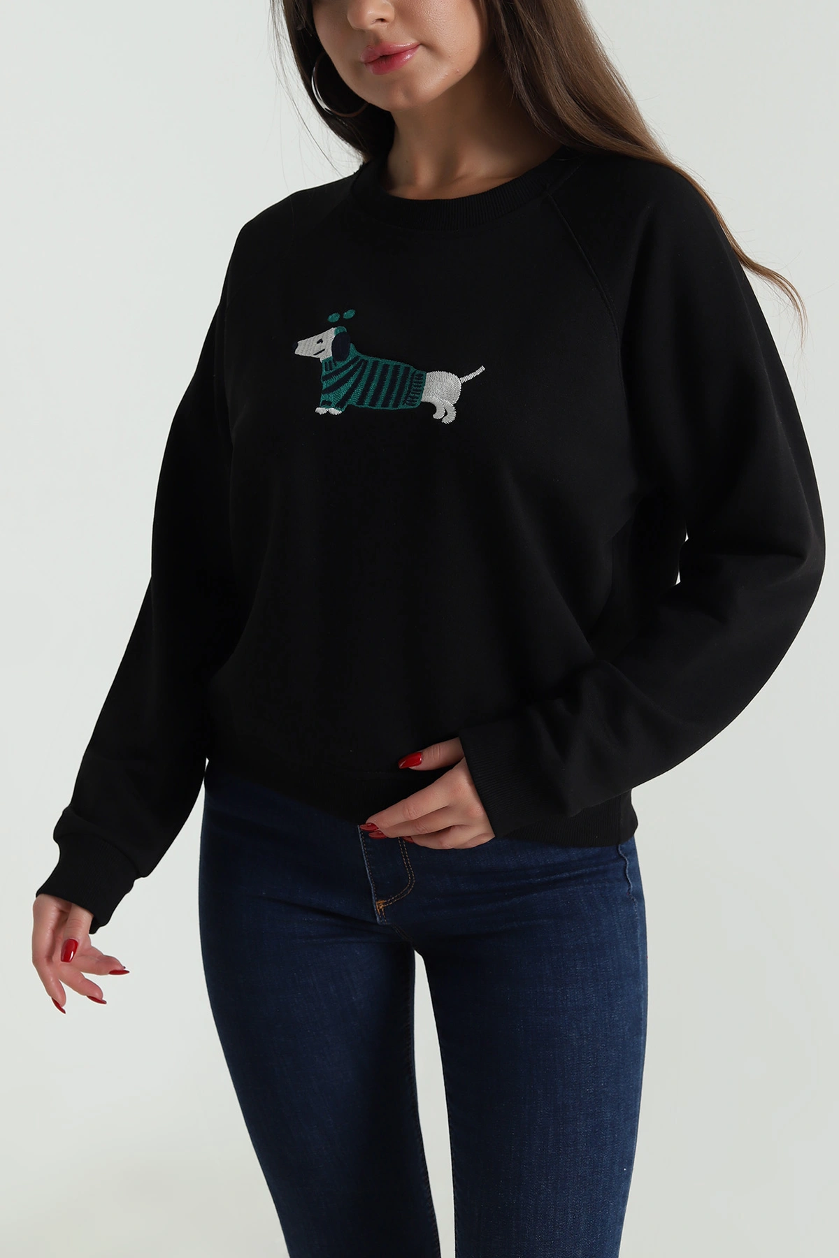 Siyah Nakışlı Üç İp Kadın Sweat 492594