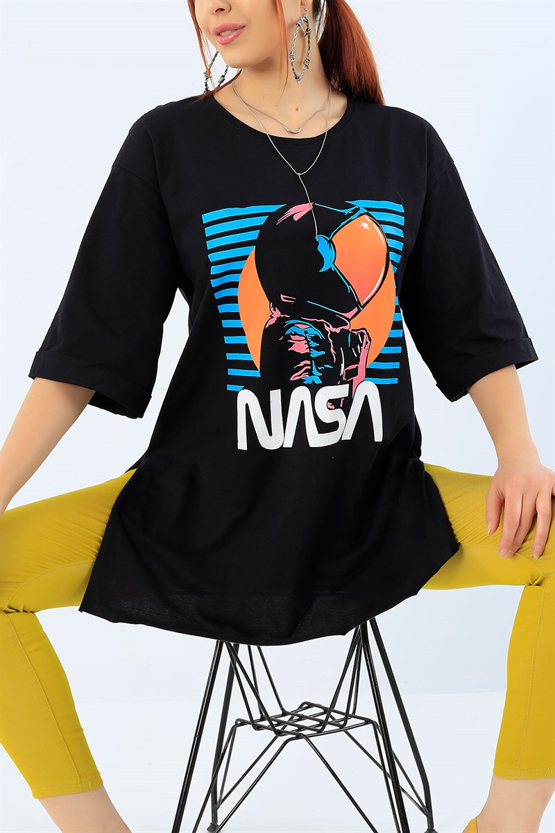 Siyah Nasa Baskı Duble Kol Bayan Tişört 33935