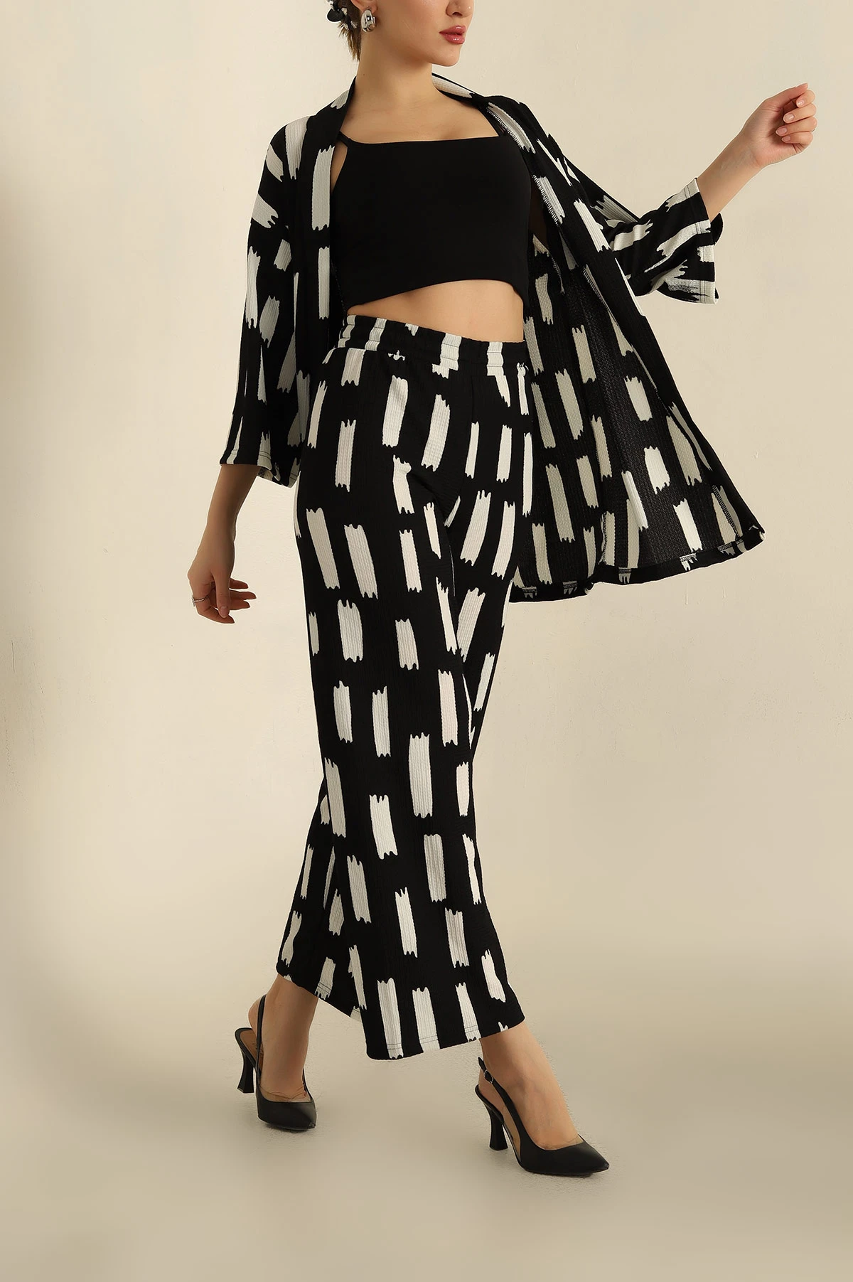Siyah Okyanus Kumaş Kimono Pantolon Takım 257299
