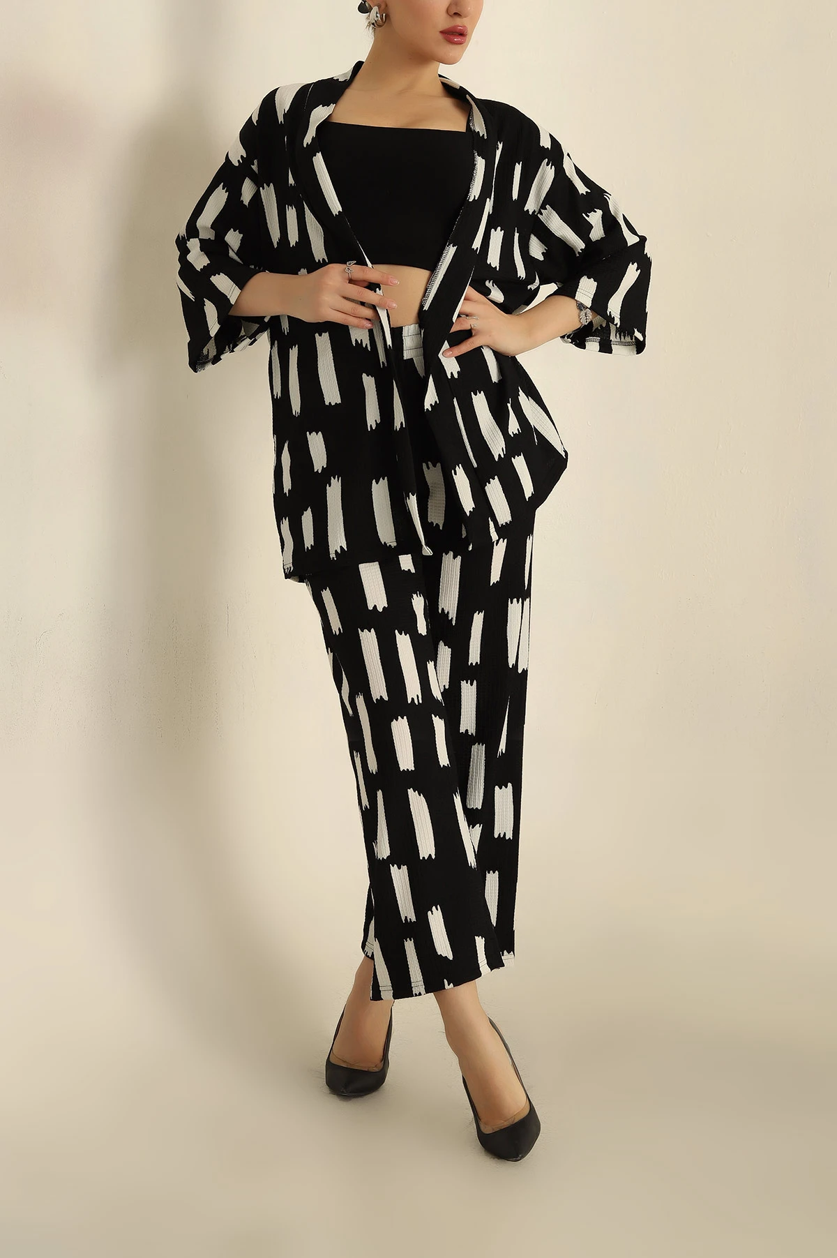 Siyah Okyanus Kumaş Kimono Pantolon Takım 257299
