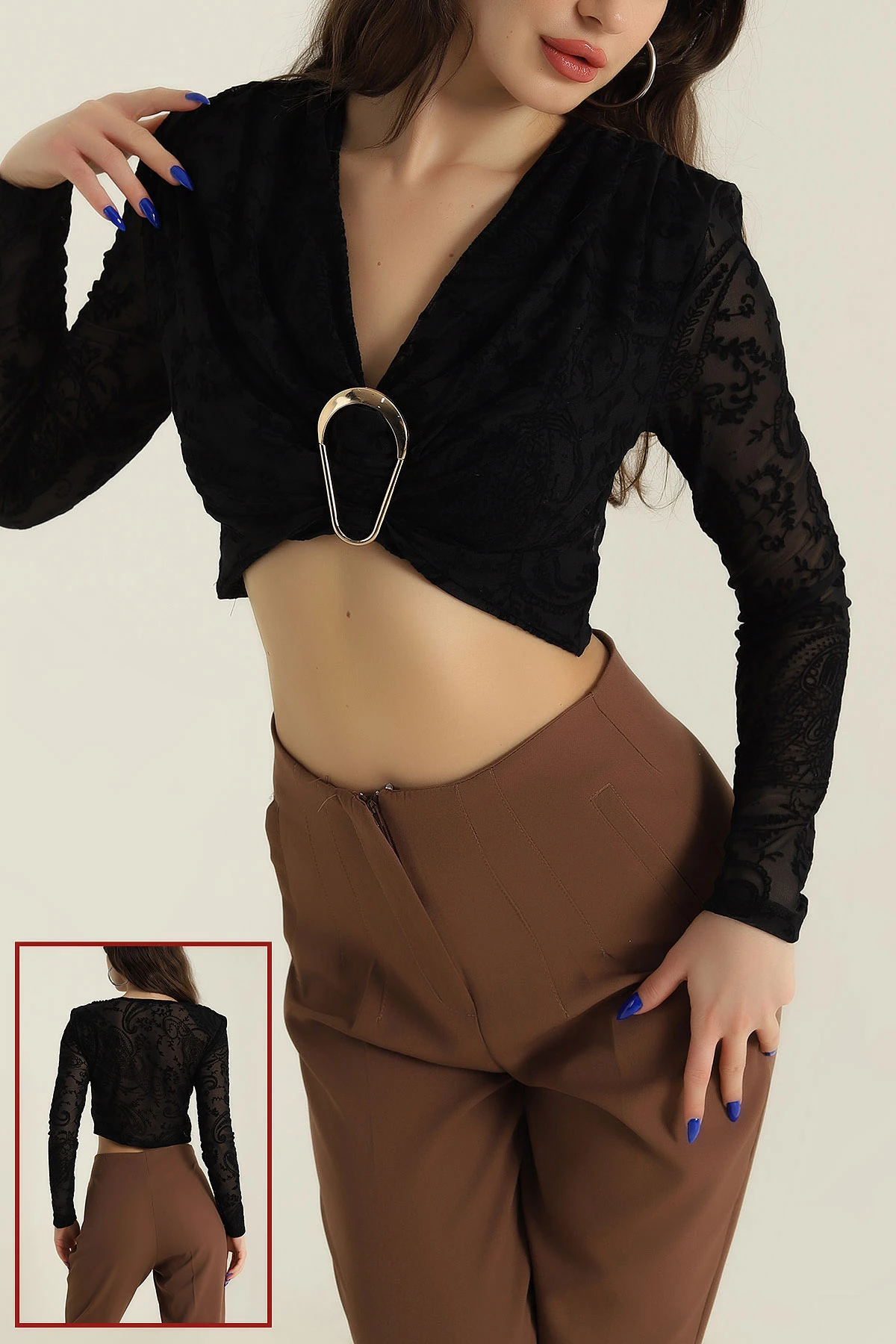 Siyah Omuz Vatkalı Flok Baskı Tül Bluz 424790