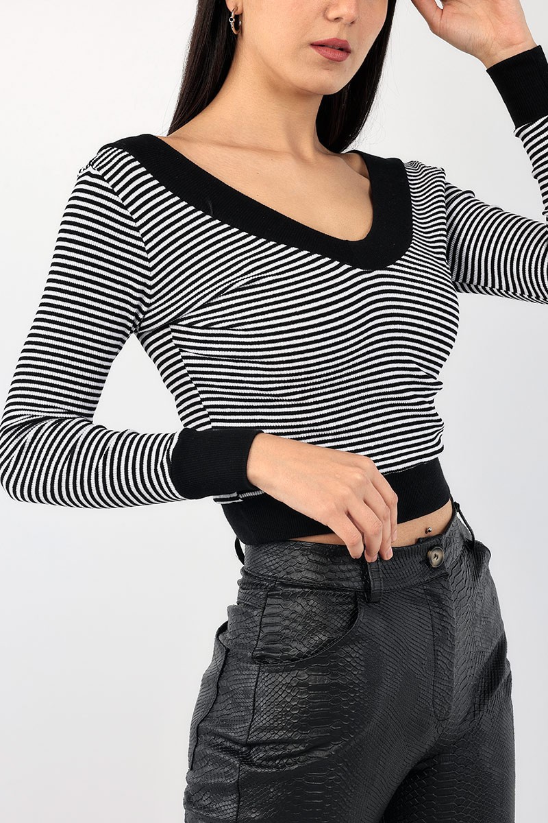 Siyah Ön Arka V Yaka Fitilli Bluz 90745