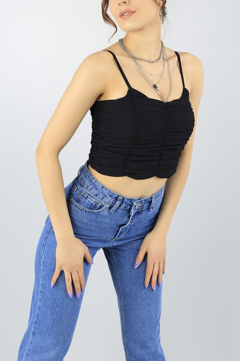 Siyah Önü Büzgülü Astarlı Askılı Bluz 56519