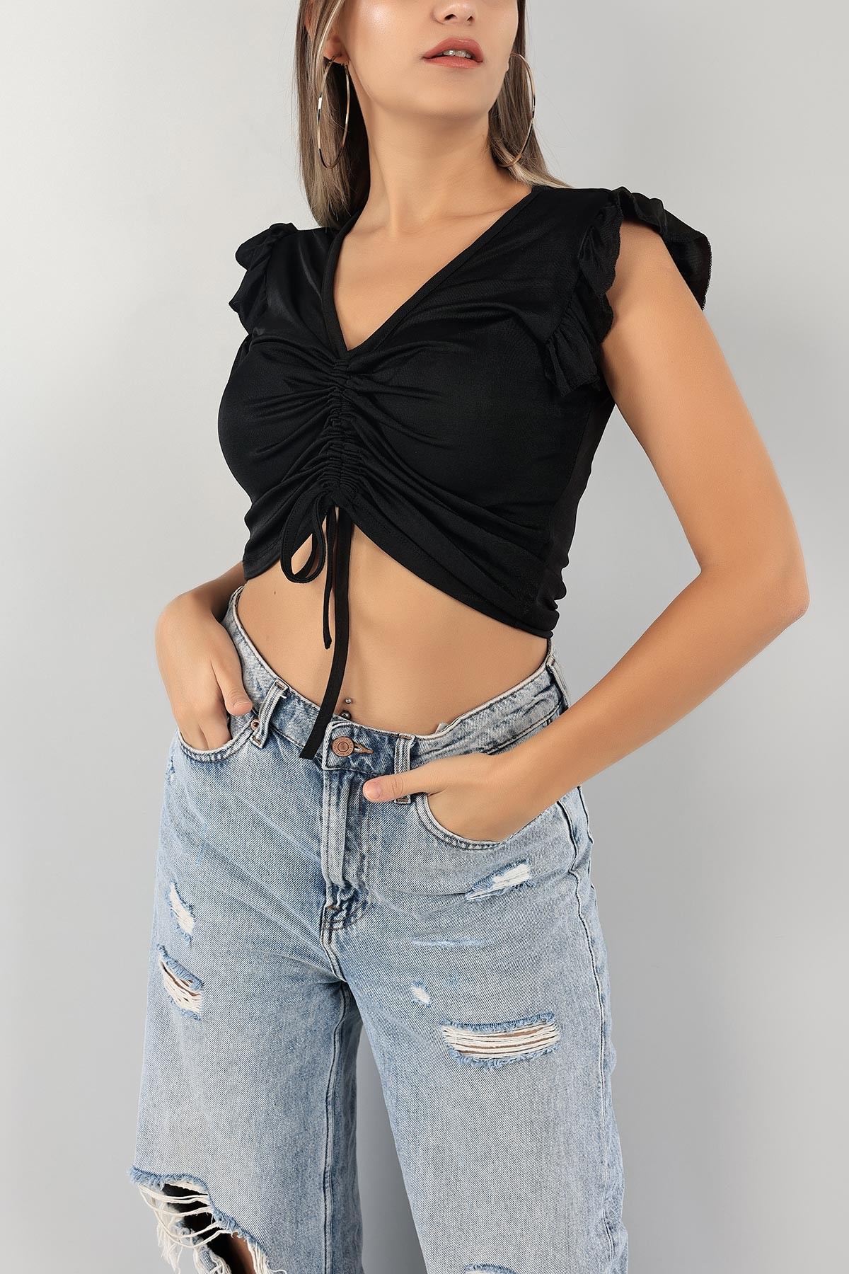 Siyah Önü Büzgülü Bluz 125143