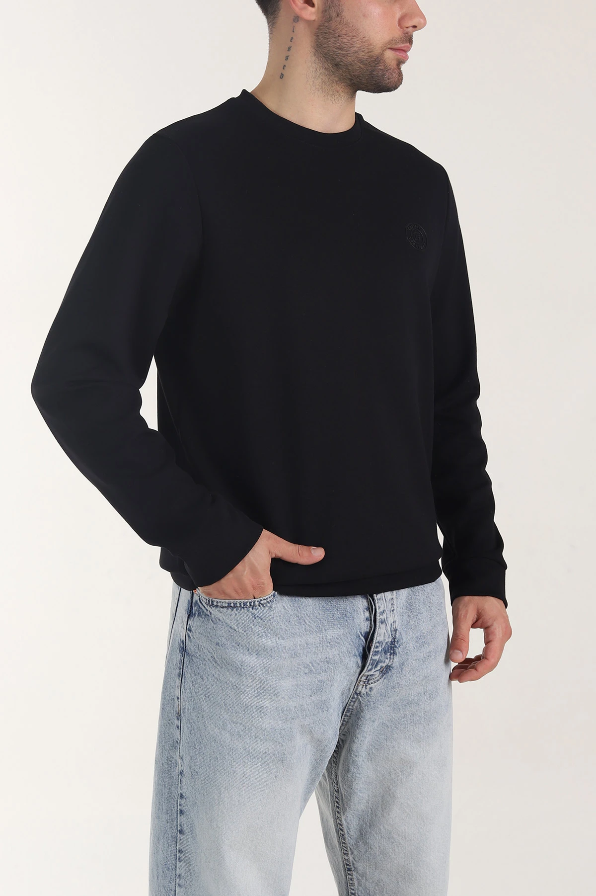 Siyah Osyho Kumaş Bisiklet Yaka Erkek Sweatshirt 407677