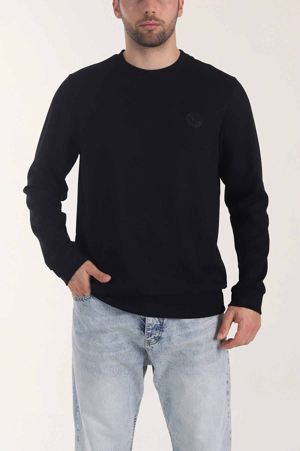 Siyah Osyho Kumaş Bisiklet Yaka Erkek Sweatshirt 407677