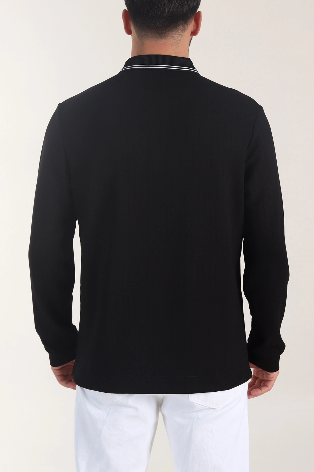 Siyah Osyho Kumaş Çizgili Polo Yaka Erkek Sweatshirt 406058