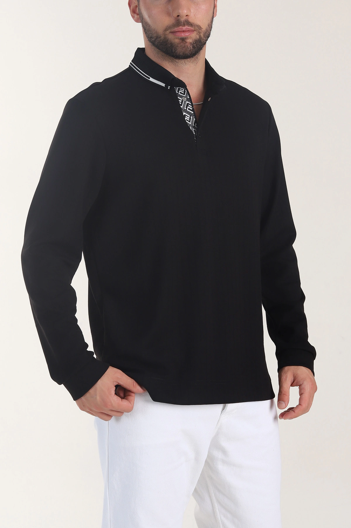 Siyah Osyho Kumaş Çizgili Polo Yaka Erkek Sweatshirt 406058