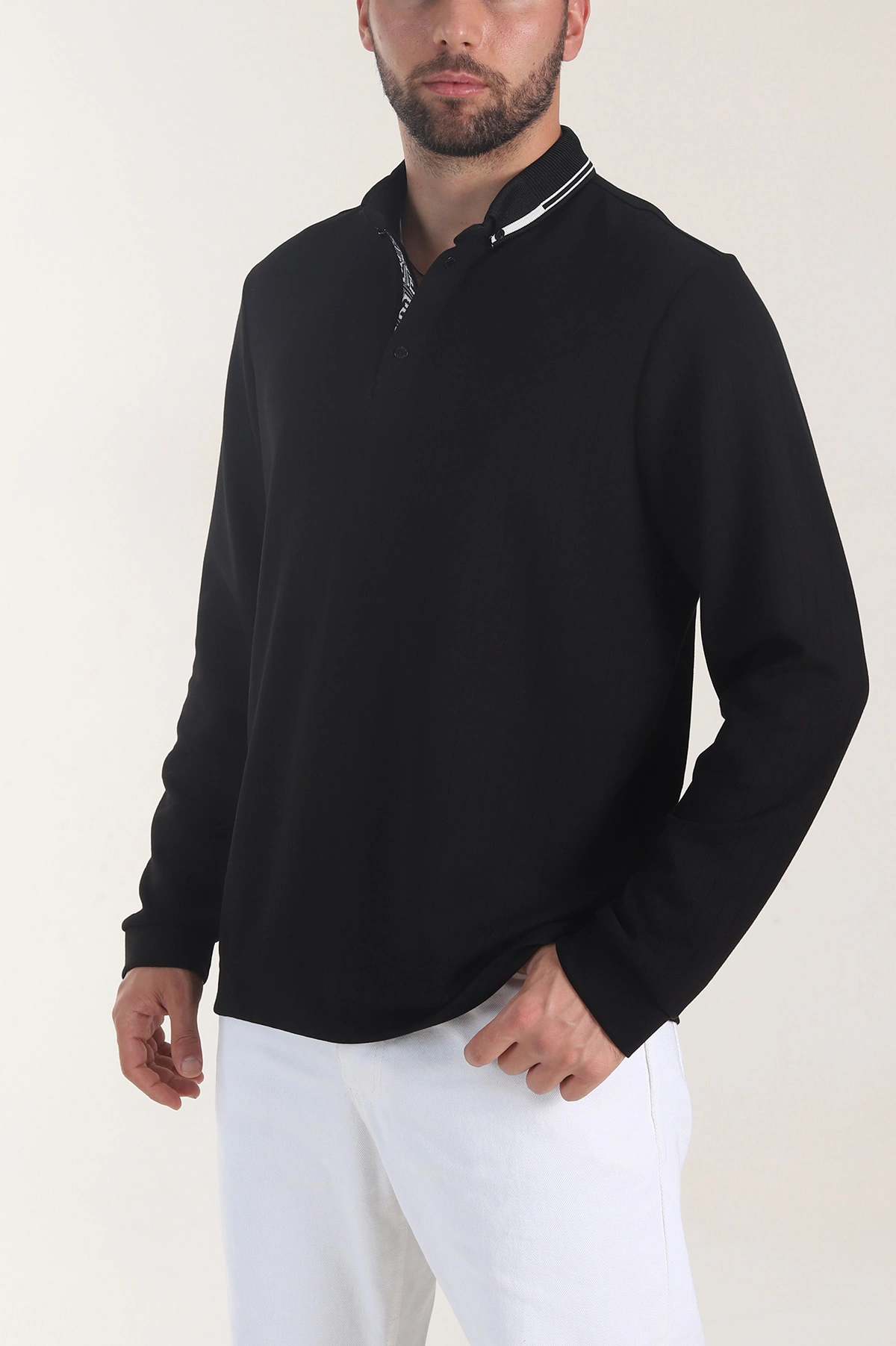 Siyah Osyho Kumaş Çizgili Polo Yaka Erkek Sweatshirt 406058