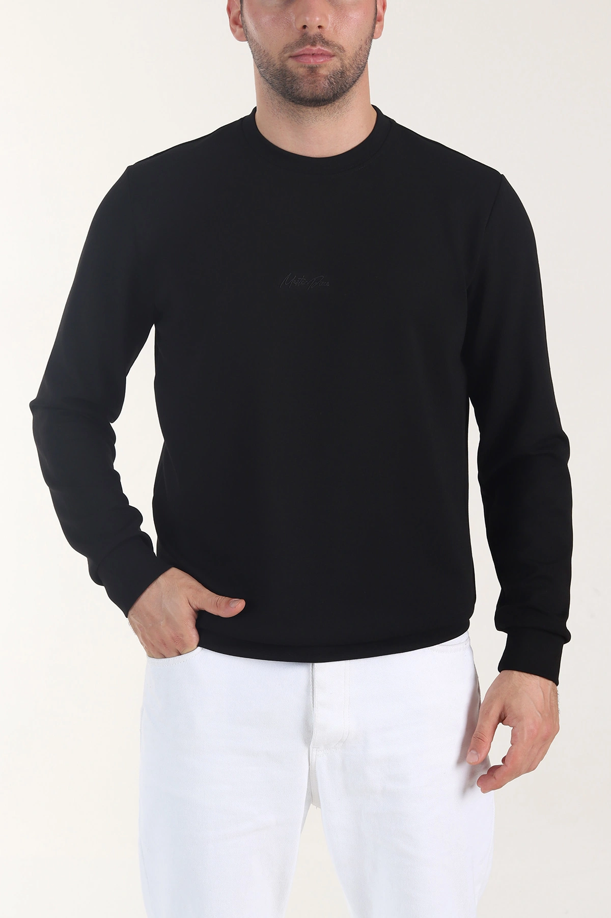 Siyah Osyho Kumaş Yazı Detaylı Bisiklet Yaka Erkek Sweatshirt 407340