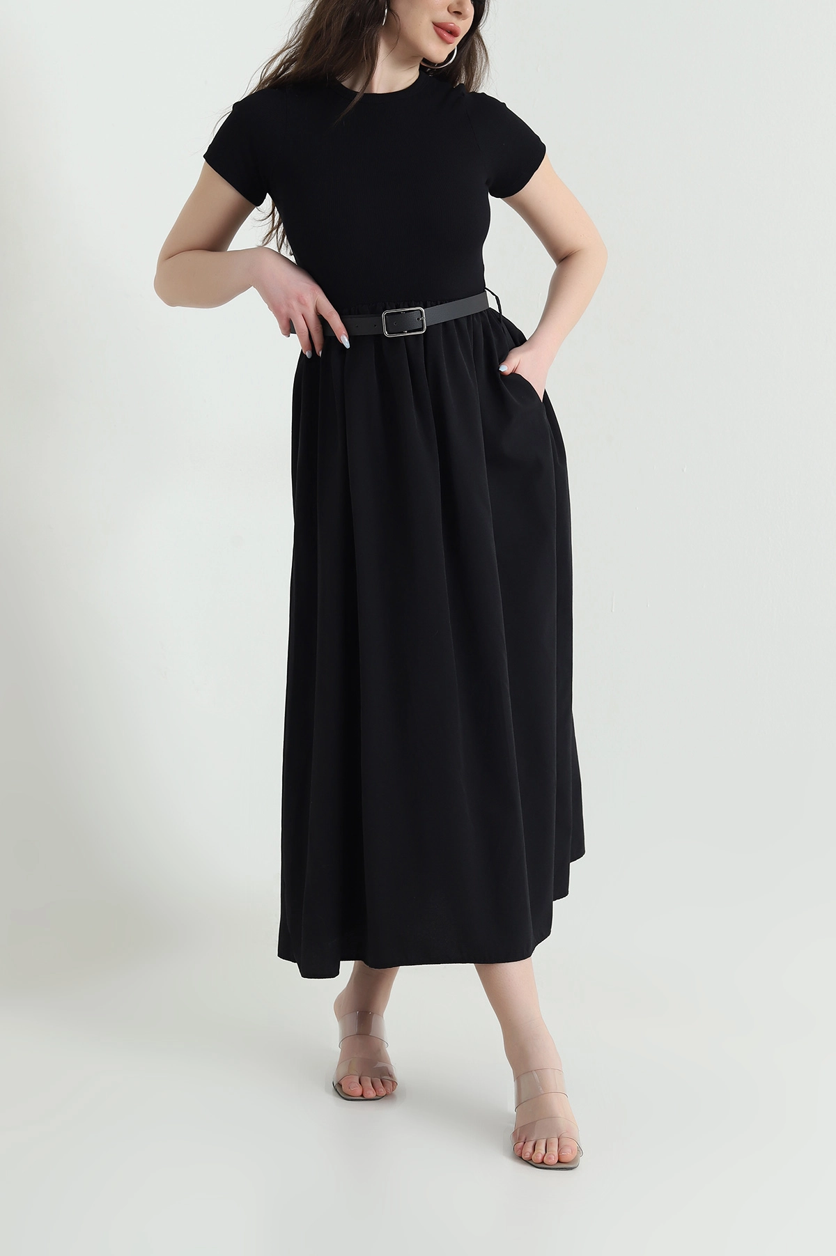 Siyah Ottoman Garnili Poplin Kadın Elbise 448299