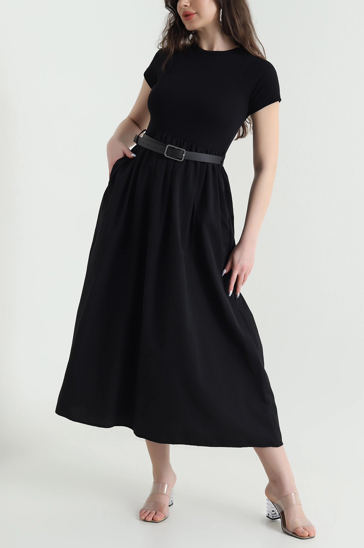 Siyah Ottoman Garnili Poplin Kadın Elbise 448299