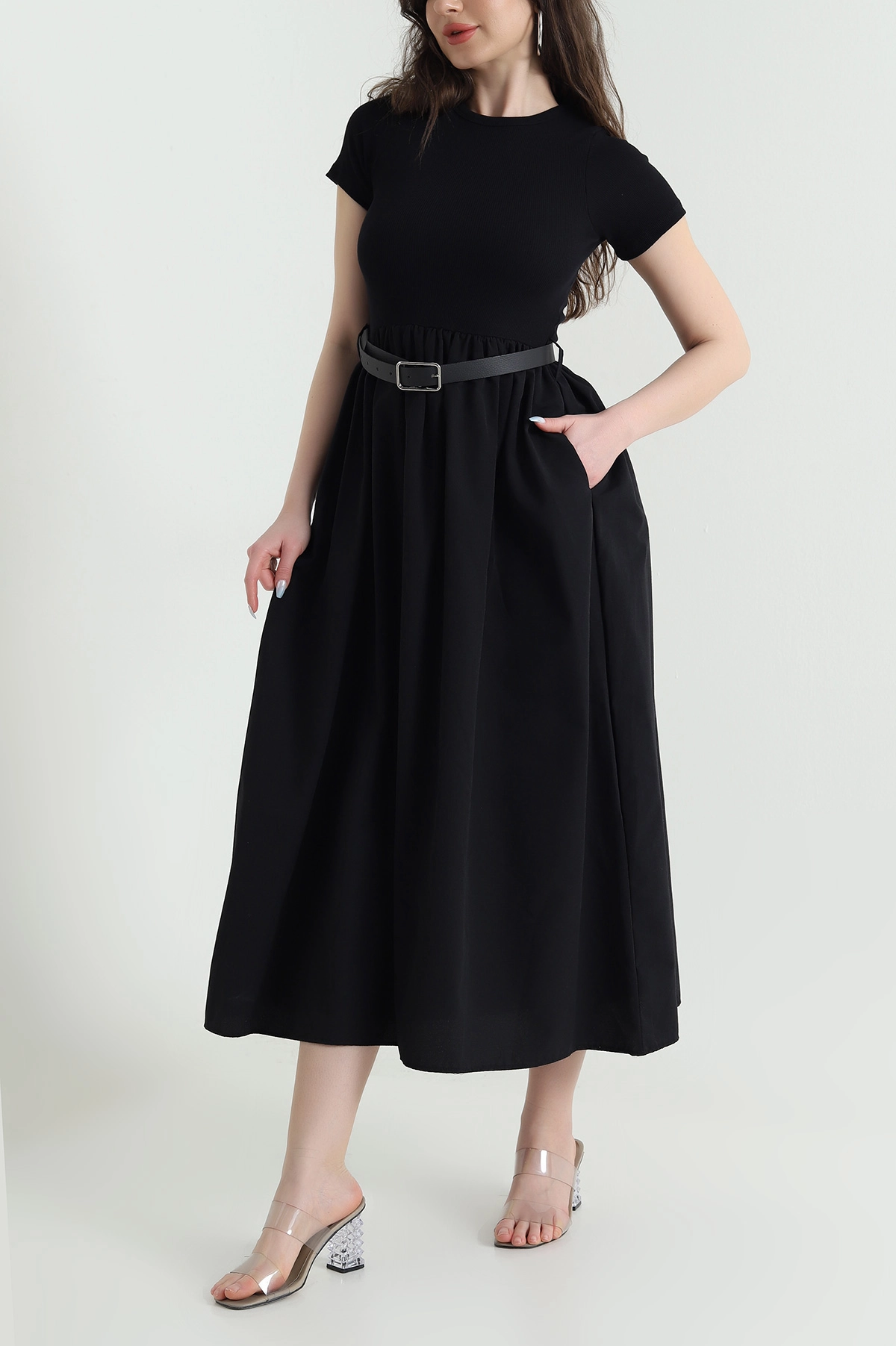 Siyah Ottoman Garnili Poplin Kadın Elbise 448299