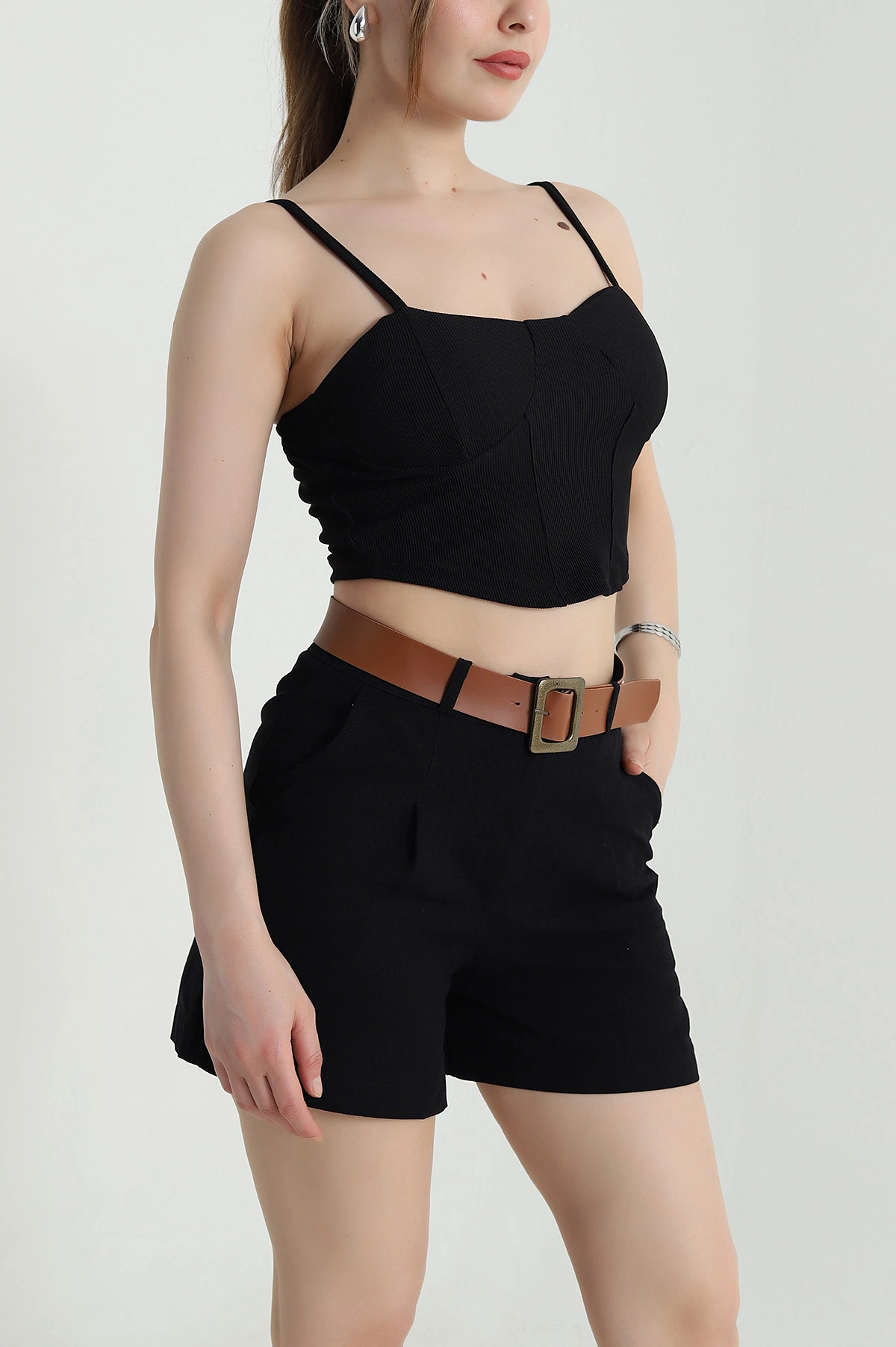 Siyah Ottoman Kumaş Crop Bluz 466106