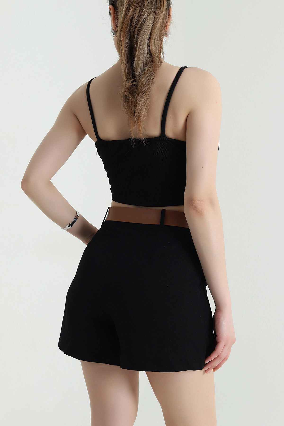 Siyah Ottoman Kumaş Crop Bluz 466106