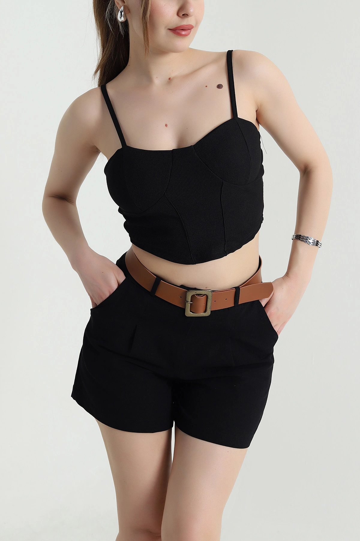 Siyah Ottoman Kumaş Crop Bluz 466106