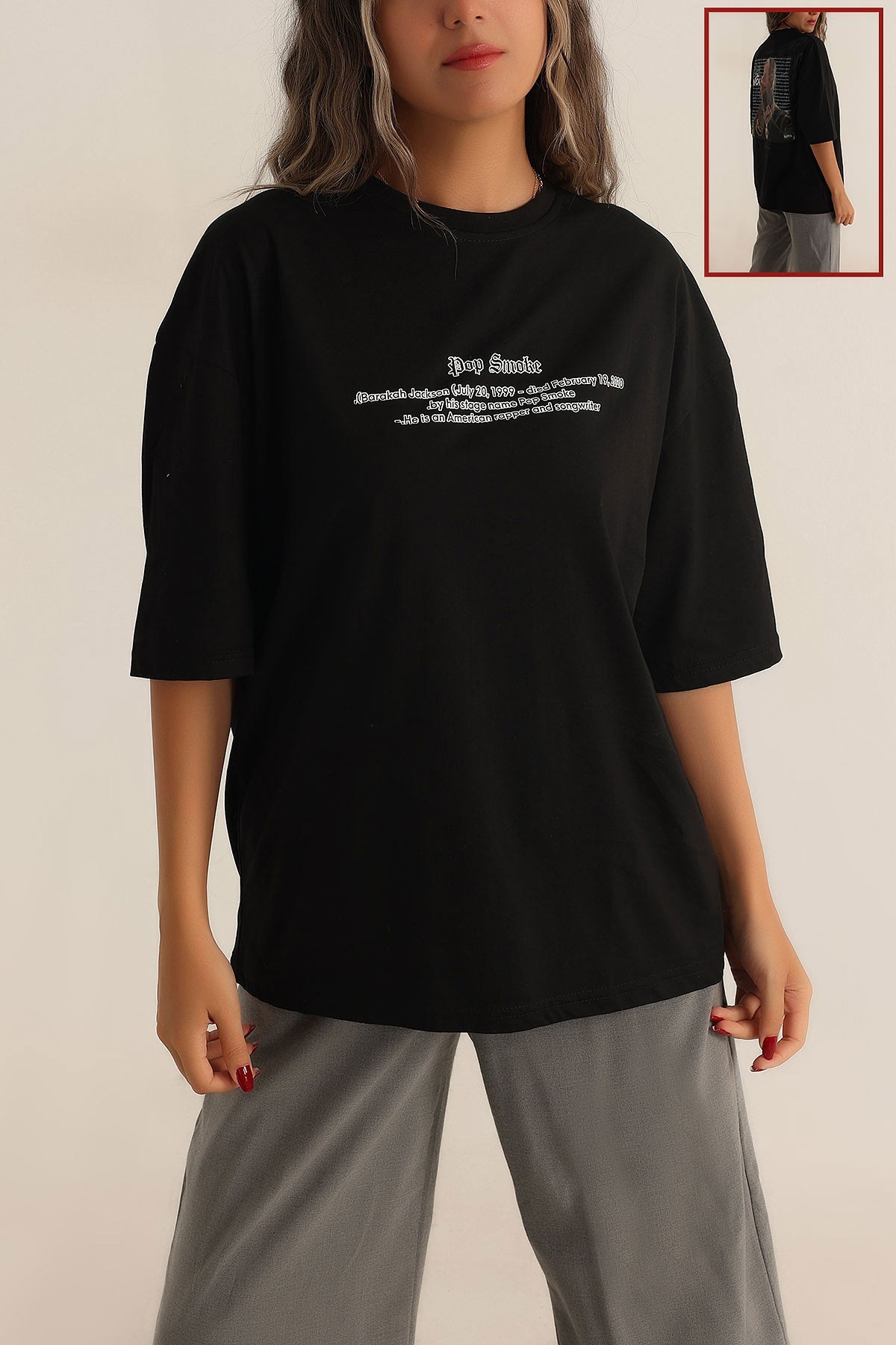 Siyah Oversize Baskılı Bayan Tişört 193652