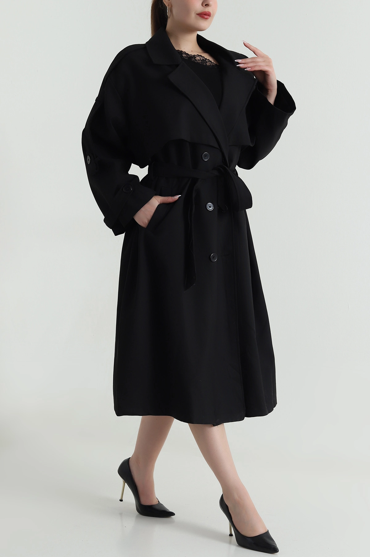 Siyah Oversize Bezayağı Kadın Trenç 485952