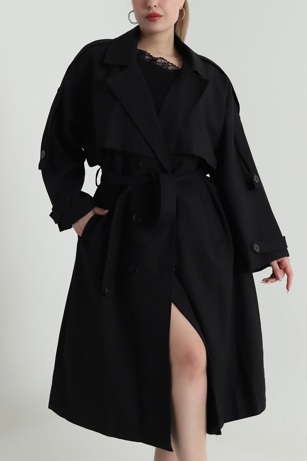 Siyah Oversize Bezayağı Kadın Trenç 485952