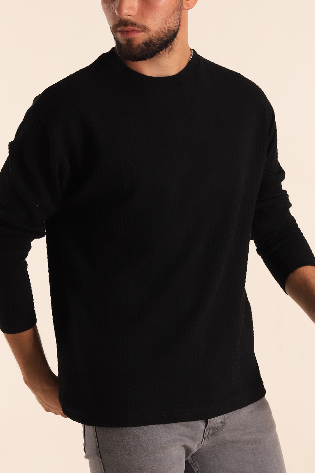 Siyah Oversize Bisiklet Yaka Dokulu Erkek Sweat 201323