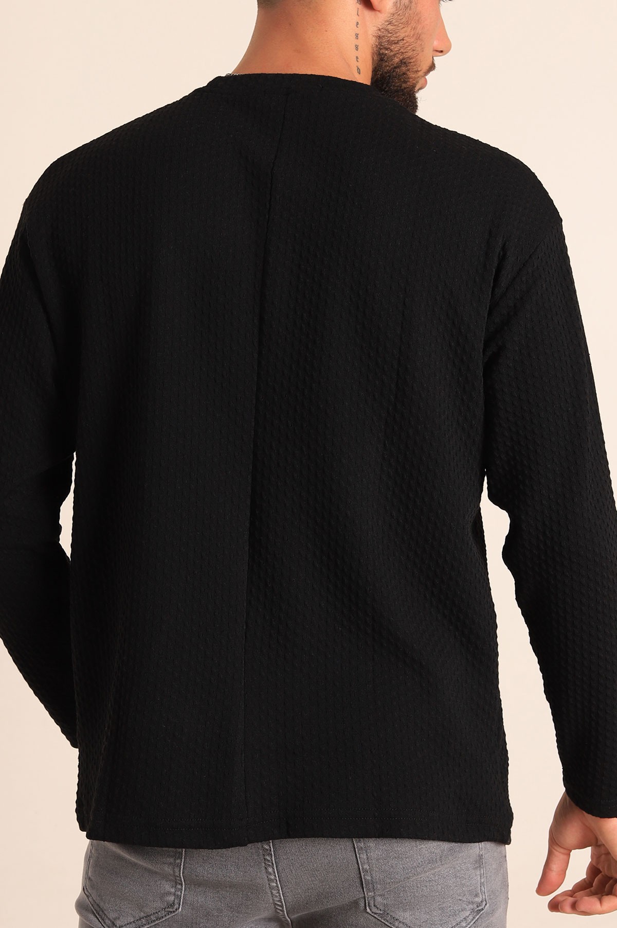 Siyah Oversize Bisiklet Yaka Dokulu Erkek Sweat 201323