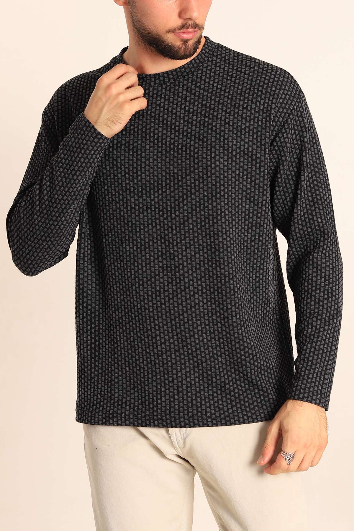 Siyah Oversize Bisiklet Yaka Dokulu Erkek Sweat 212705
