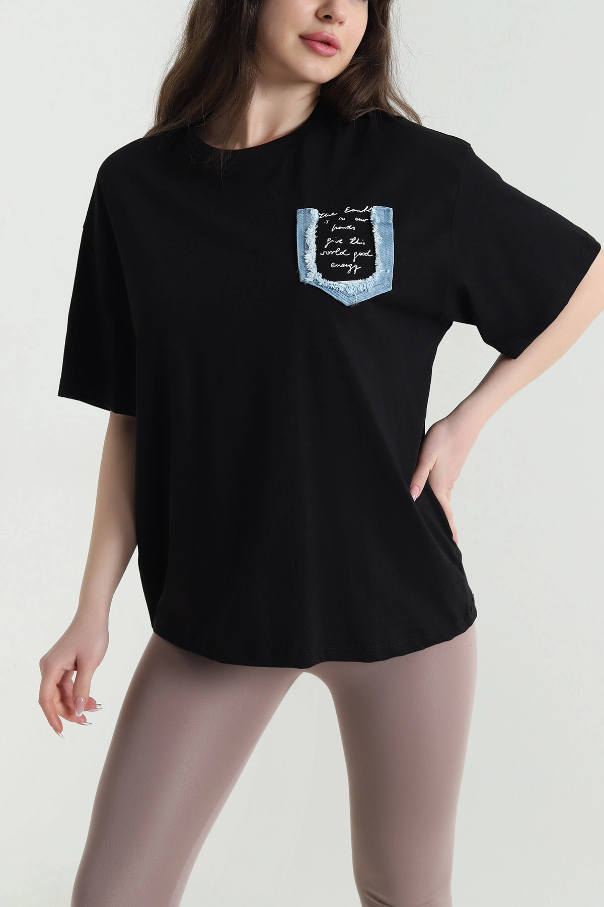 Siyah Oversize Bisiklet Yaka Süprem Kadın Tişört 452514