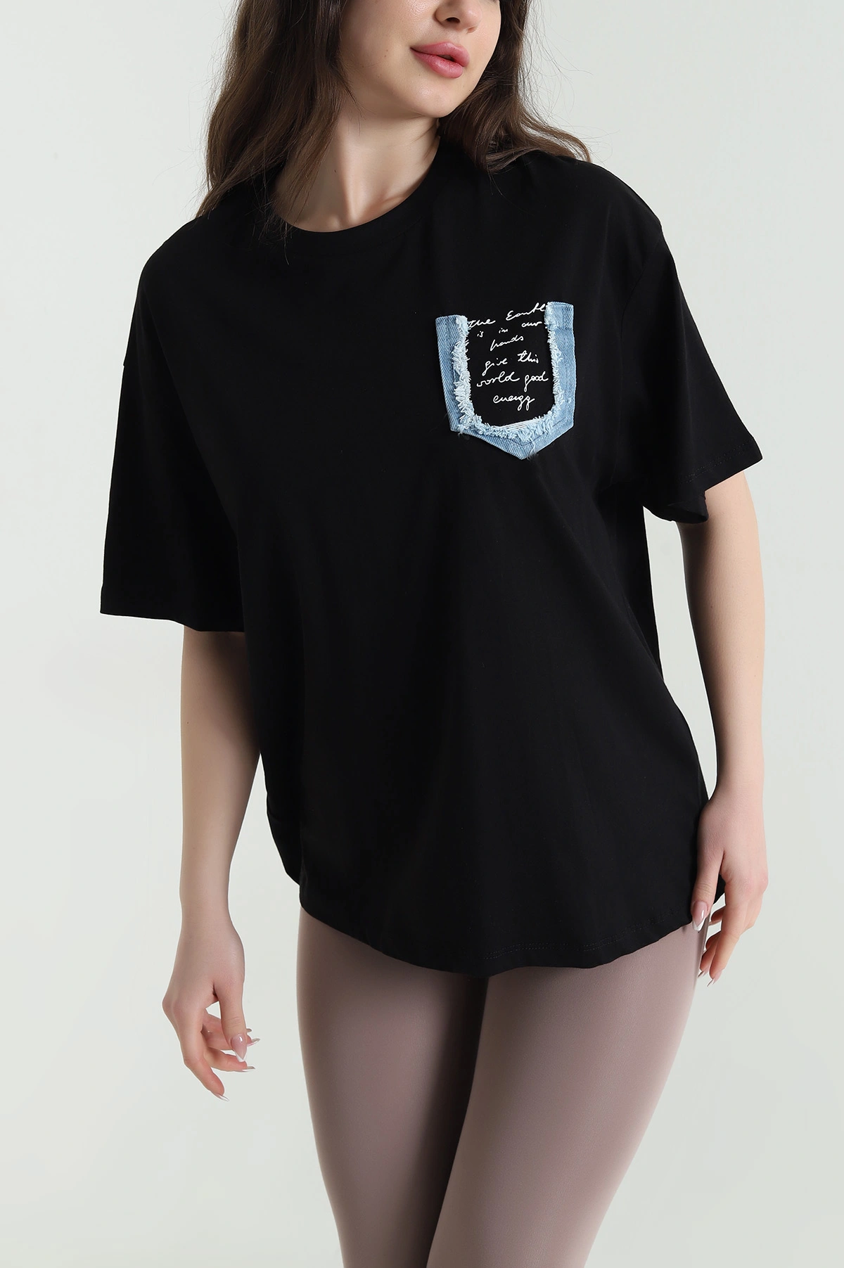 Siyah Oversize Bisiklet Yaka Süprem Kadın Tişört 452514