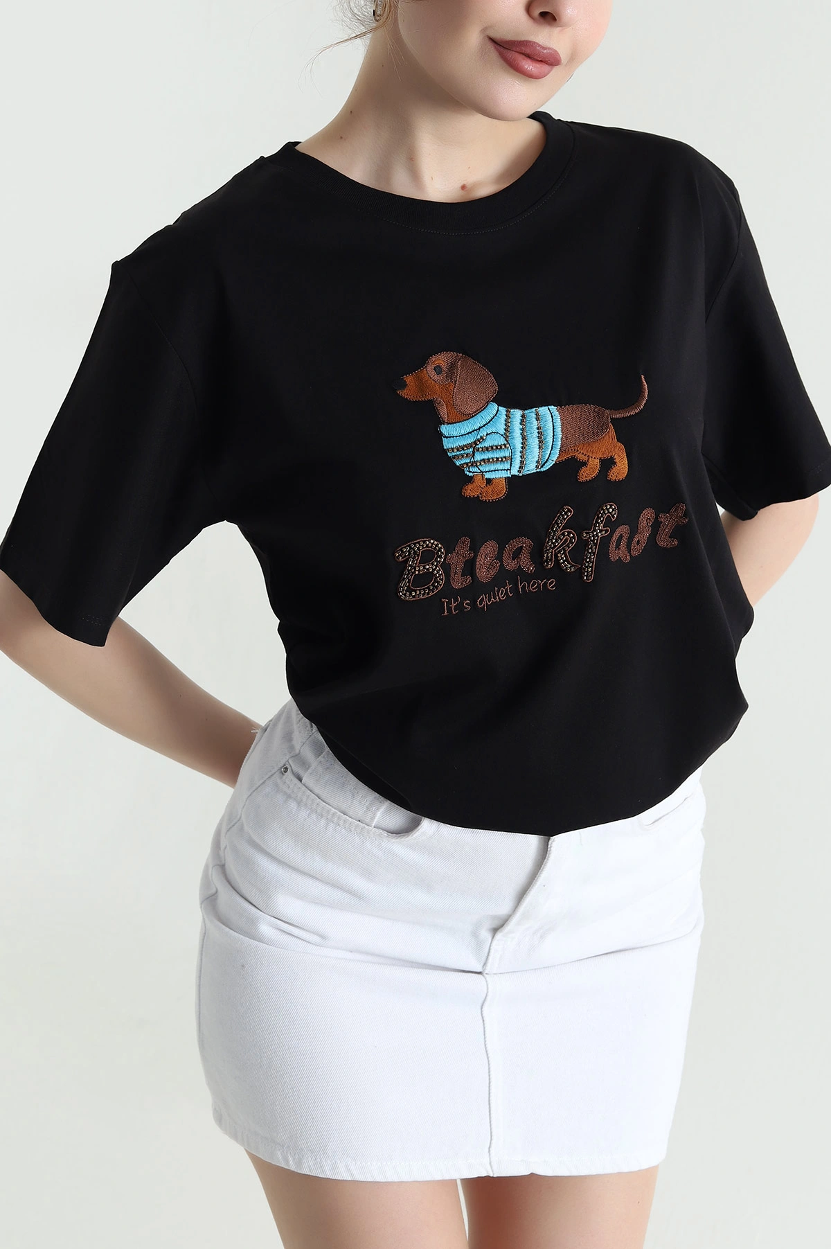 Siyah Oversize Bisiklet Yaka Taşlı Süprem Kadın Tişört 447107