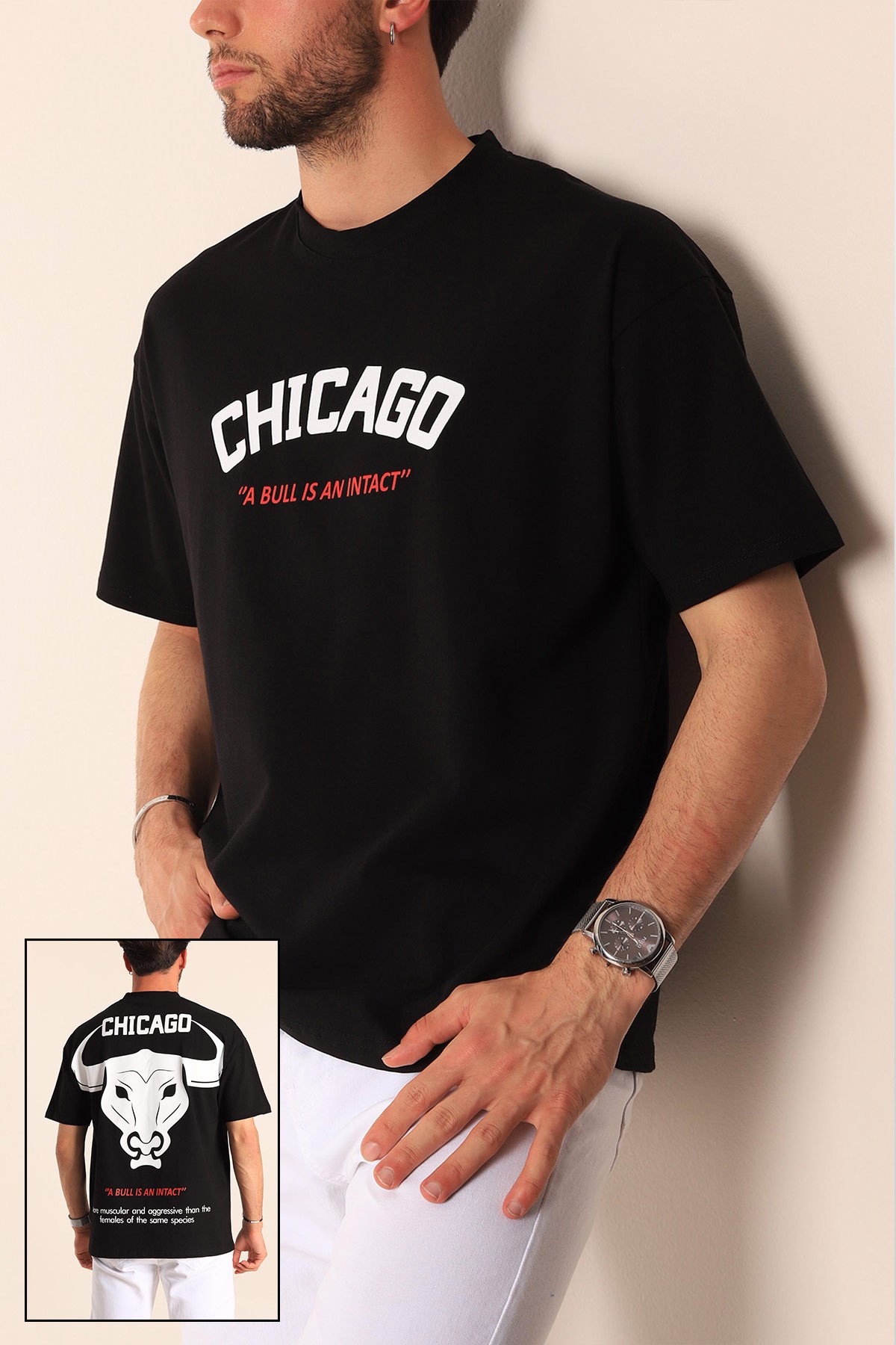 Siyah Oversize Chicago Baskılı Erkek Tişört 181403