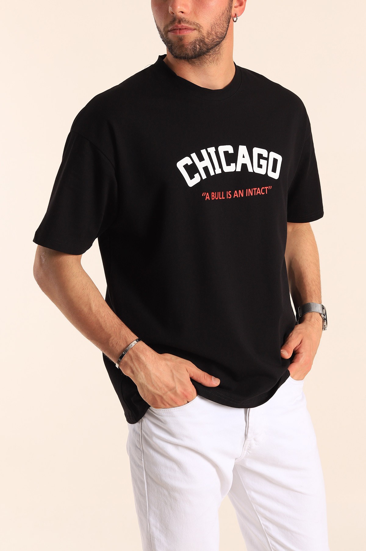 Siyah Oversize Chicago Baskılı Erkek Tişört 181403
