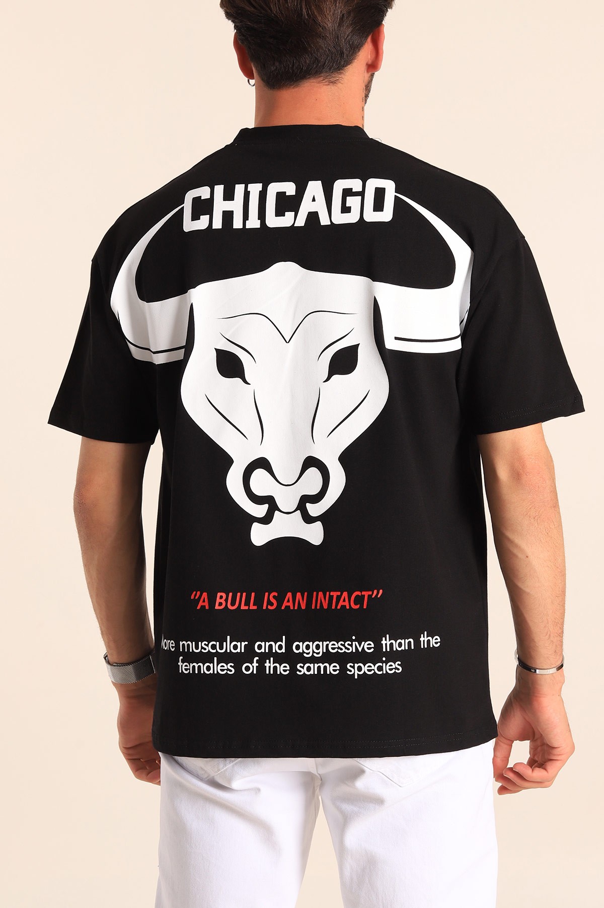 Siyah Oversize Chicago Baskılı Erkek Tişört 181403