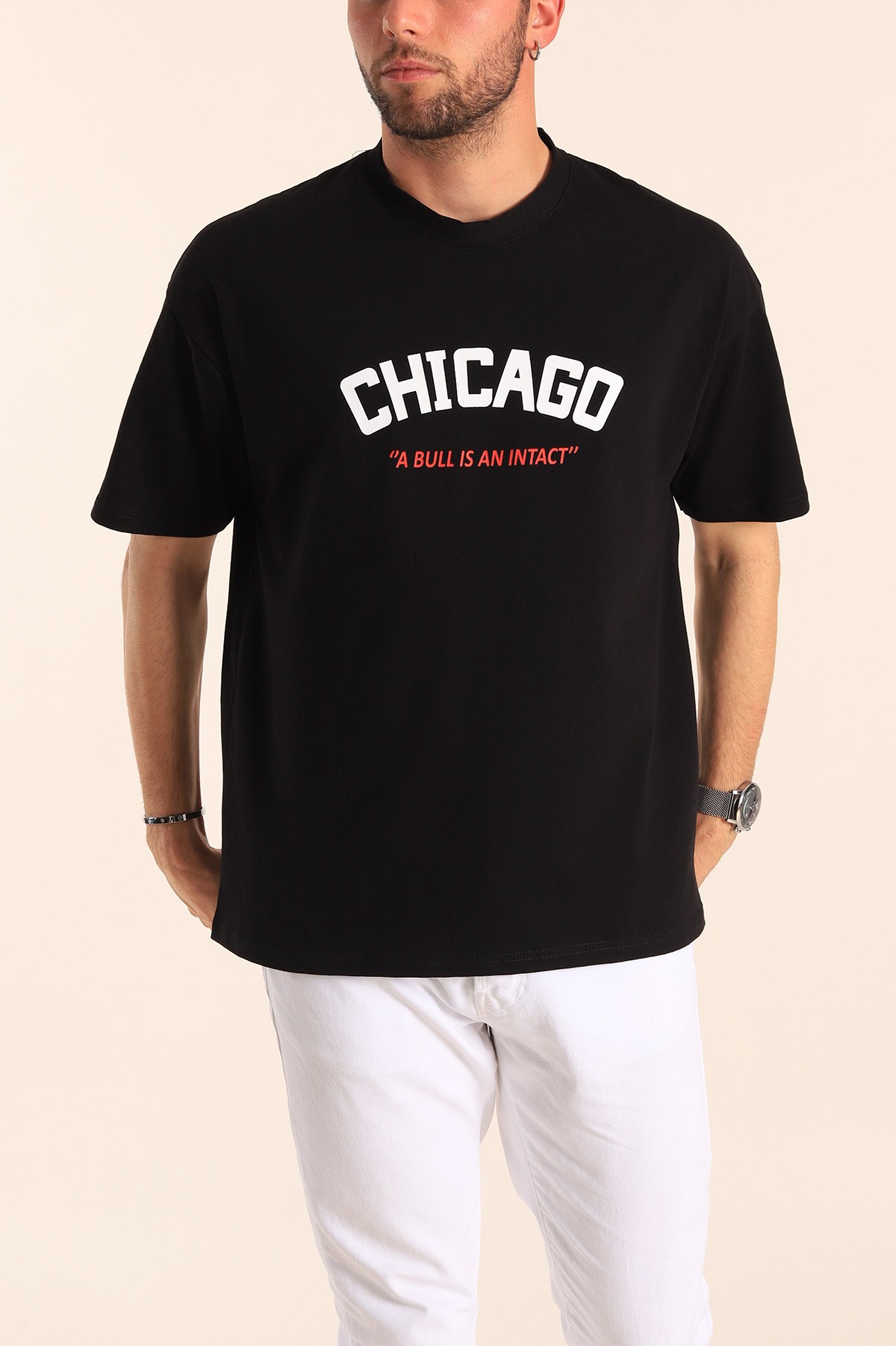 Siyah Oversize Chicago Baskılı Erkek Tişört 181403