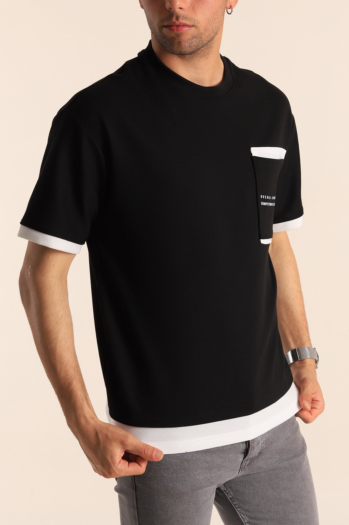 Siyah Oversize Çift Renk Cepli Erkek Tişört 181825