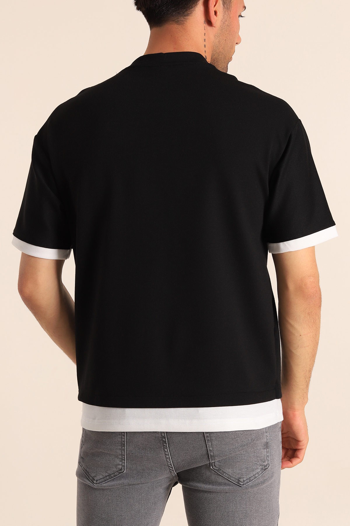 Siyah Oversize Çift Renk Cepli Erkek Tişört 181825