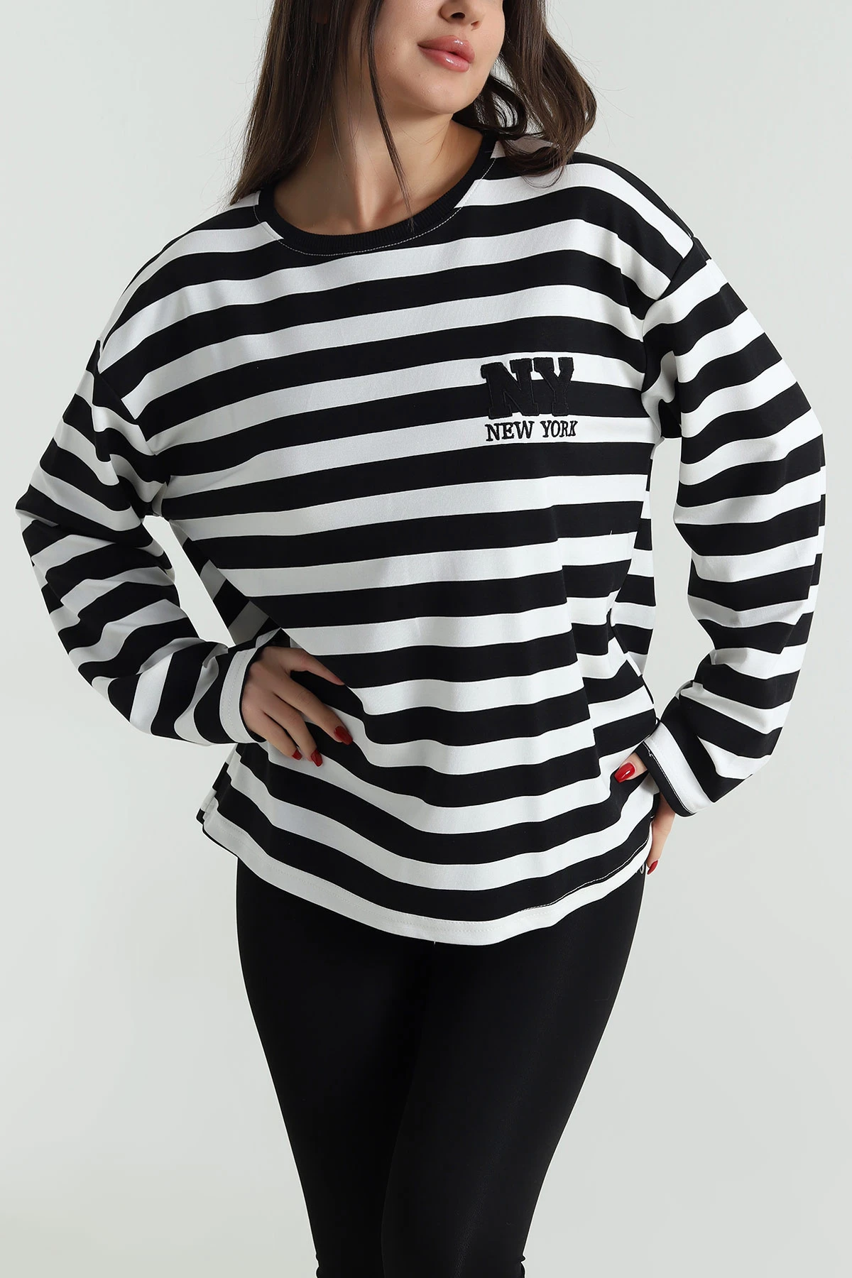 Siyah Oversize Çizgili Nakışlı Oysho Kadın Sweat 492879