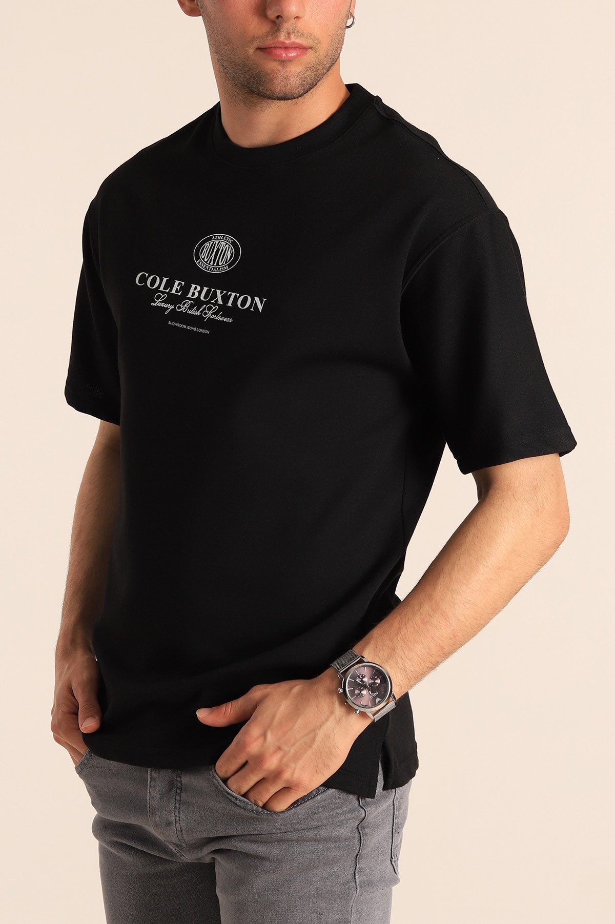 Siyah Oversize Cole Buxton Yazılı Erkek Tişört 181787