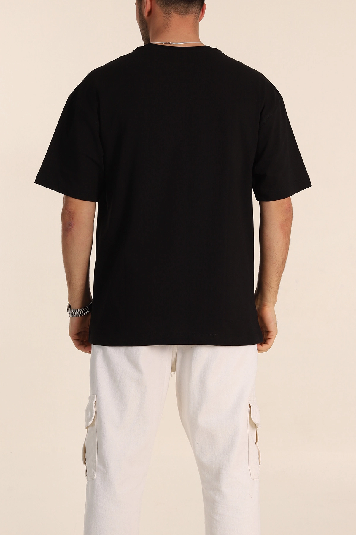 Siyah Oversize Dikiş Detaylı Basic Erkek Tişört 348835