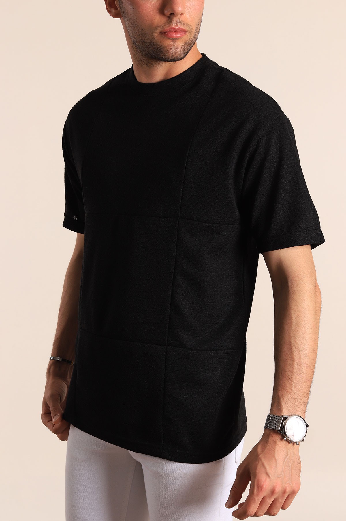 Siyah Oversize Dikiş Detaylı Erkek Tişört 181843